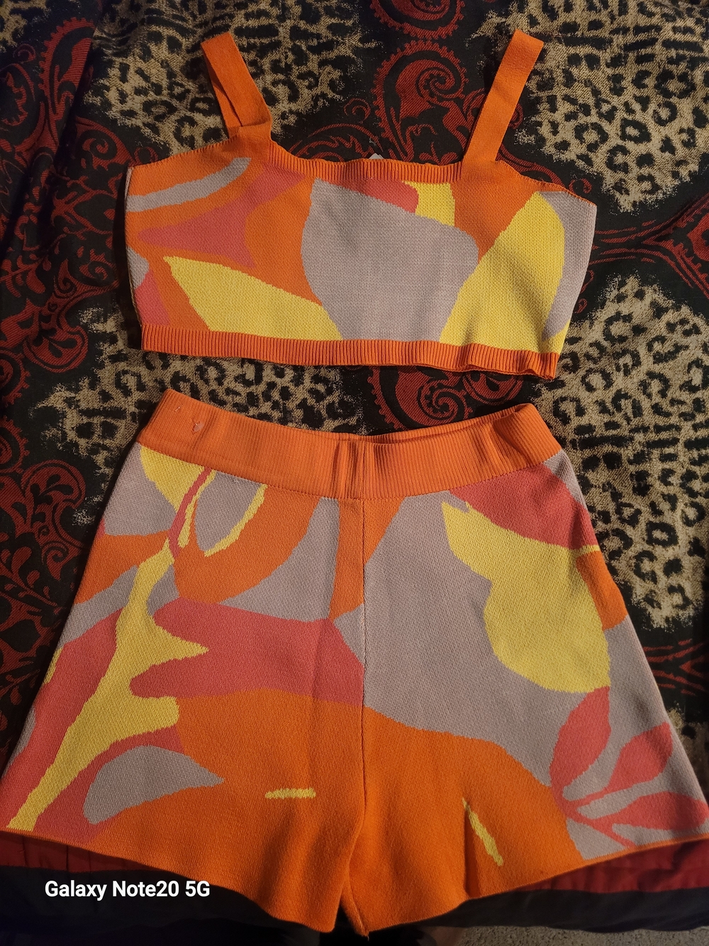 Two-Piece Knit Tank & Shorts Set in Orange, Yellow & Beige